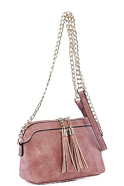 DOUBLE TASSEL LONG CHAIN CROSS BODY BAG