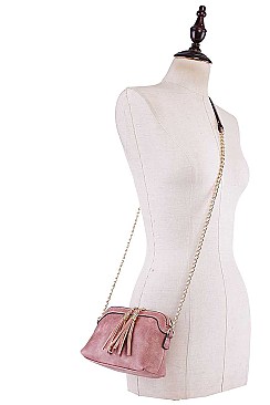 DOUBLE TASSEL LONG CHAIN CROSS BODY BAG