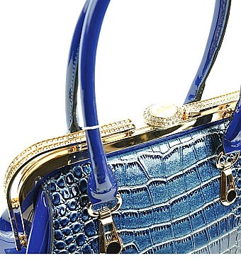 CROC Print Diamond Top Kiss Snap Satchel