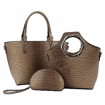 Ostrich Print Metal Handle Inner Bag 3 in 1 Tote SET