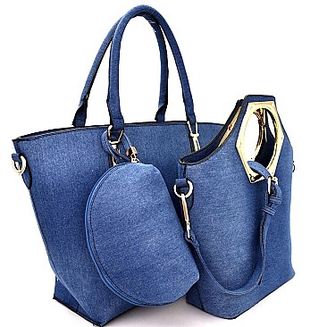 LF114D-LP Denim Metal Handle Satchel 3 in 1 Tote Value SET