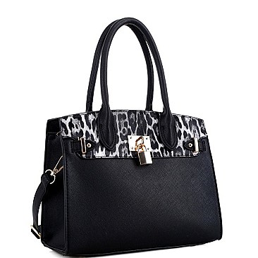 2-Way Leopard Print Padlock Medium Satchel