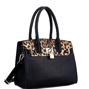 2-Way Leopard Print Padlock Medium Satchel