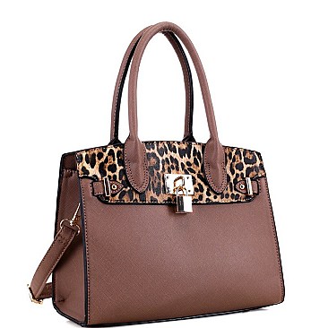 2-Way Leopard Print Padlock Medium Satchel