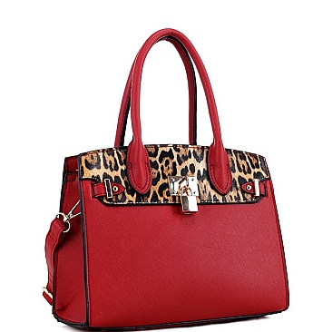 2-Way Leopard Print Padlock Medium Satchel