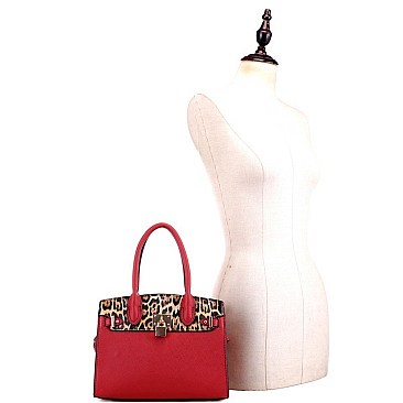 2-Way Leopard Print Padlock Medium Satchel