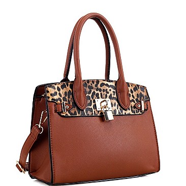 2-Way Leopard Print Padlock Medium Satchel