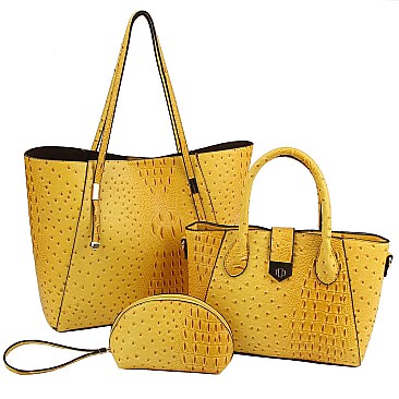 3 in 1 Ostrich Embossed Turn-Lock Satchel Tote SET