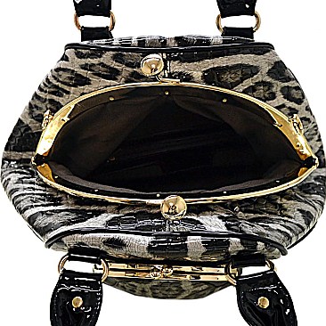 EMBOSSED LEOPARD SNAP-KISS SATCHEL WITH COIN POUCH