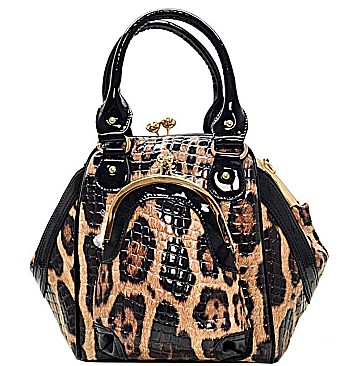 EMBOSSED LEOPARD SNAP-KISS SATCHEL WITH COIN POUCH