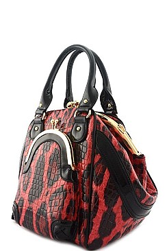 EMBOSSED LEOPARD SNAP-KISS SATCHEL WITH COIN POUCH