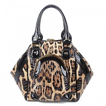 EMBOSSED LEOPARD SNAP-KISS SATCHEL WITH COIN POUCH