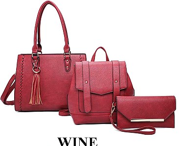 3 IN 1 TASSEL ACCENT SATCHEL BACKPACK CLUTCH SET