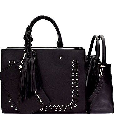 LF3060T-LP Tassel Accent Whipstitched 3 in 1 Structured Satchel SET