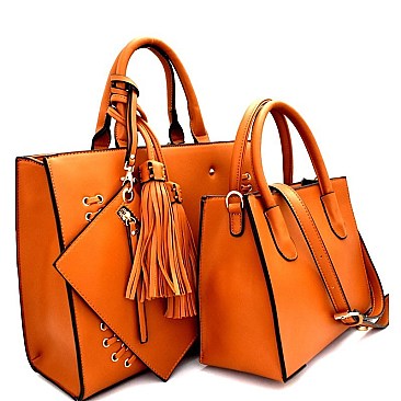 LF3060T-LP Tassel Accent Whipstitched 3 in 1 Structured Satchel SET