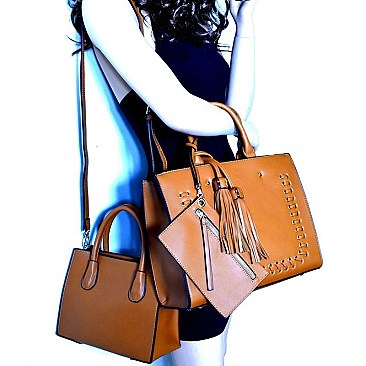 LF3060T-LP Tassel Accent Whipstitched 3 in 1 Structured Satchel SET