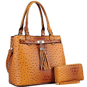 Tassel Accent Ostrich Print Satchel and Wallet Set