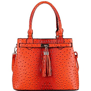 Tassel Accent Ostrich Print Satchel and Wallet Set