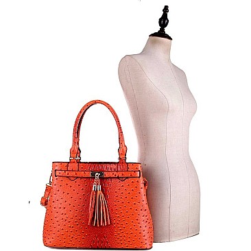 Tassel Accent Ostrich Print Satchel and Wallet Set