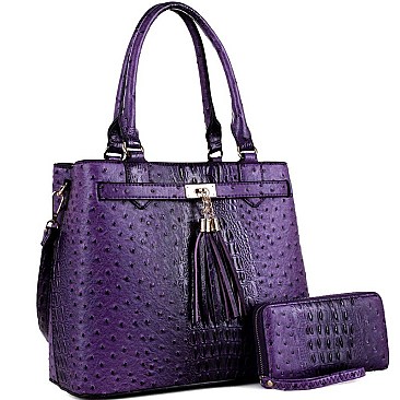 Tassel Accent Ostrich Print Satchel and Wallet Set