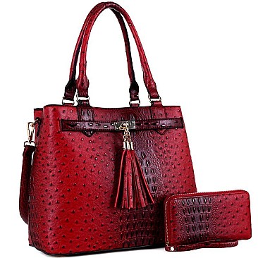 Tassel Accent Ostrich Print Satchel and Wallet Set