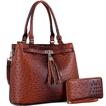 Tassel Accent Ostrich Print Satchel and Wallet Set