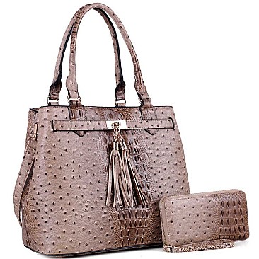 Tassel Accent Ostrich Print Satchel and Wallet Set
