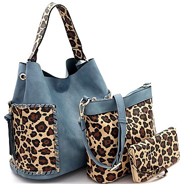 3 in 1 Whipstitched Side Pocket Leopard Print Hobo Wallet SET