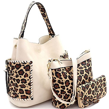 3 in 1 Whipstitched Side Pocket Leopard Print Hobo Wallet SET