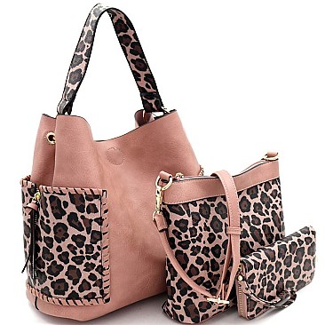 3 in 1 Whipstitched Side Pocket Leopard Print Hobo Wallet SET