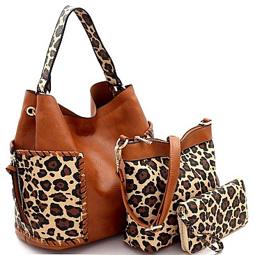 3 in 1 Whipstitched Side Pocket Leopard Print Hobo Wallet SET