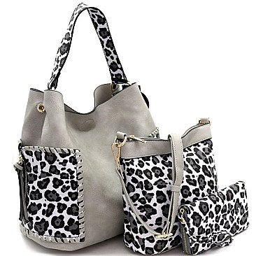 3 in 1 Whipstitched Side Pocket Leopard Print Hobo Wallet SET