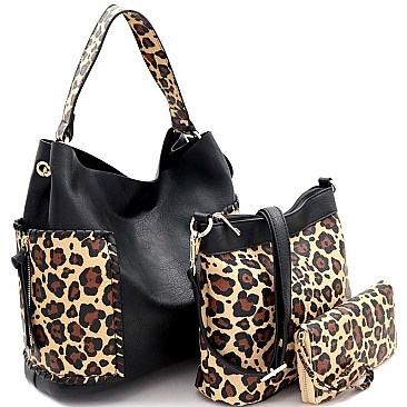 3 in 1 Whipstitched Side Pocket Leopard Print Hobo Wallet SET