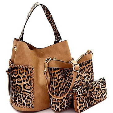 3 IN 1 FAUX LEATHER LEOPARD PRINT HOBO WALLET SET