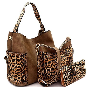 3 IN 1 FAUX LEATHER LEOPARD PRINT HOBO WALLET SET