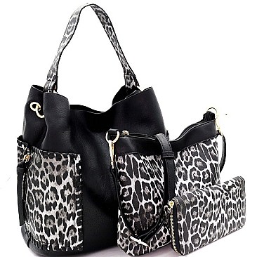3 IN 1 FAUX LEATHER LEOPARD PRINT HOBO WALLET SET
