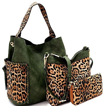3 IN 1 FAUX LEATHER LEOPARD PRINT HOBO WALLET SET