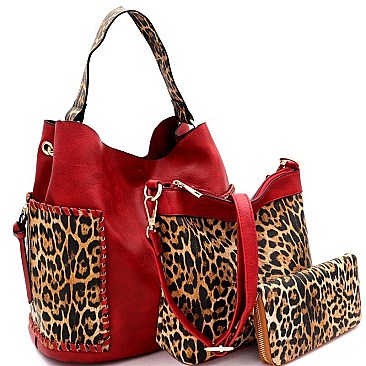 3 IN 1 FAUX LEATHER LEOPARD PRINT HOBO WALLET SET