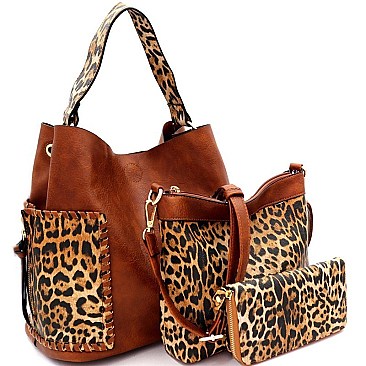 3 IN 1 FAUX LEATHER LEOPARD PRINT HOBO WALLET SET