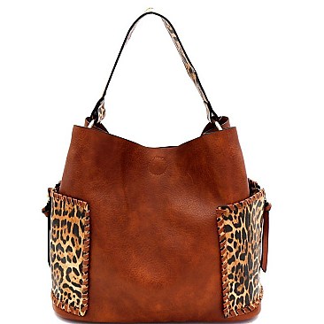 3 in 1 Whipstitched Side Pocket Leopard Print Hobo Wallet SET