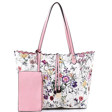 3 in 1 Flower Butterfly Print Scalloped Edge Tote Value SET