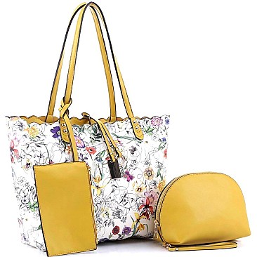 3 in 1 Flower Butterfly Print Scalloped Edge Tote Value SET