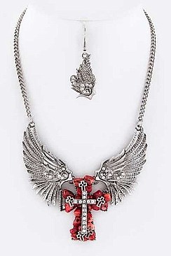 CRYSTAL WINGS & STONE CROSS NECKLACE SET