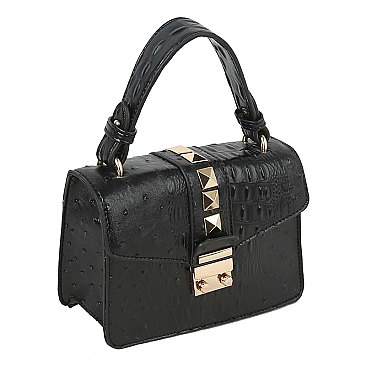 Ostrich Croc Studded Top Flap Crossbody Bag