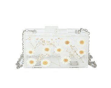 Flower Printed Acrylic See Thru Boxy Crossbody Clutch