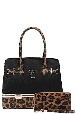 TWO TONE 2 IN 1 LEOPARD SATCHEL WITH MATCHING WALLET