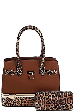 TWO TONE 2 IN 1 LEOPARD SATCHEL WITH MATCHING WALLET