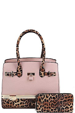 TWO TONE 2 IN 1 LEOPARD SATCHEL WITH MATCHING WALLET