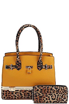 TWO TONE 2 IN 1 LEOPARD SATCHEL WITH MATCHING WALLET