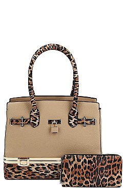 TWO TONE 2 IN 1 LEOPARD SATCHEL WITH MATCHING WALLET